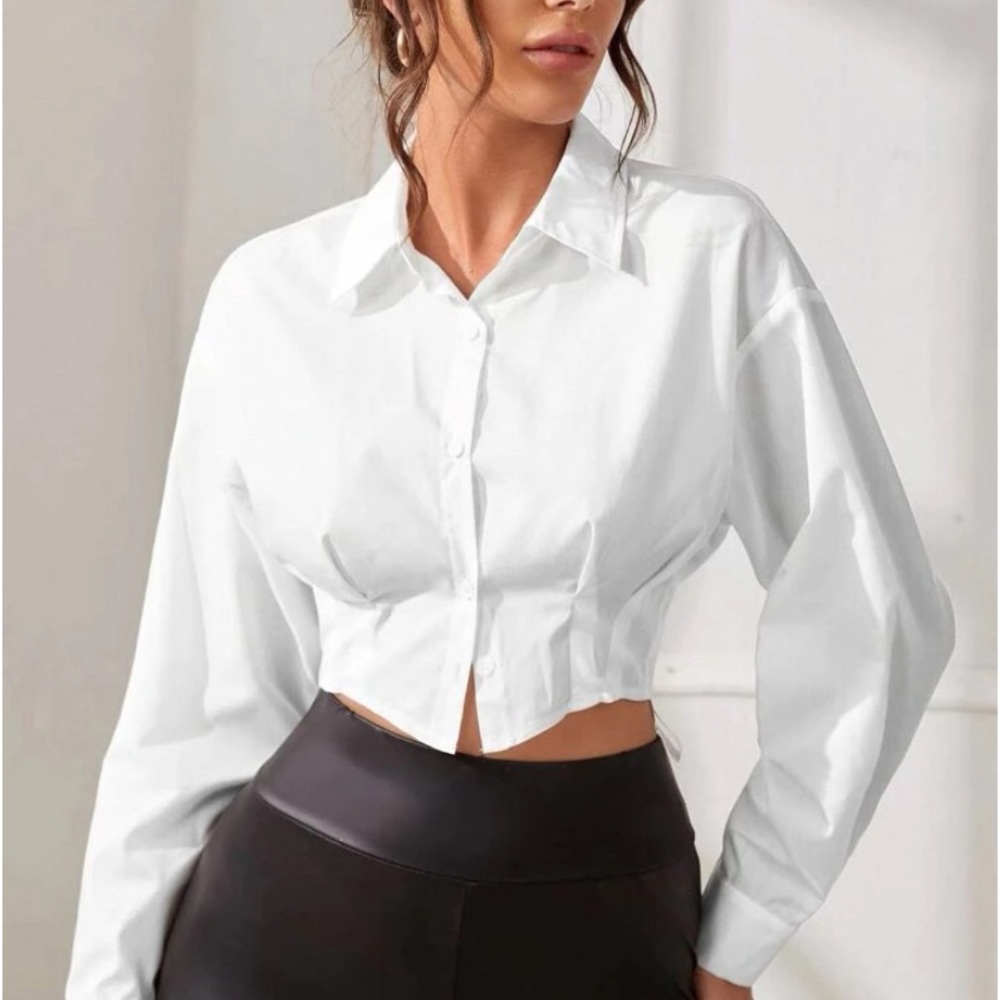 Cropped white button up blouse
